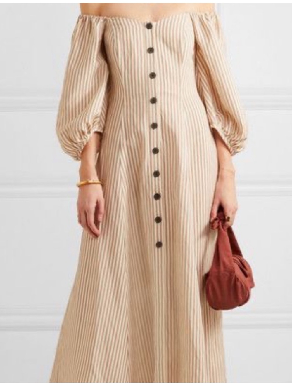 Mara Hoffman Cream Camel Stripe Linen Blend Off Shoulder Mika Maxi Dress Sz. 4